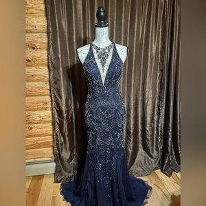 Beautiful dark blue beaded dress perfect for pageants or prom